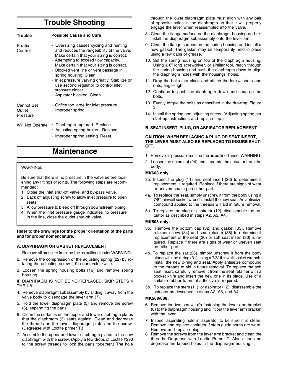 Maintenance, Trouble shooting | Jordan Valve Mark 508 Series – Tank Blanketing Valve User Manual | Page 2 / 4