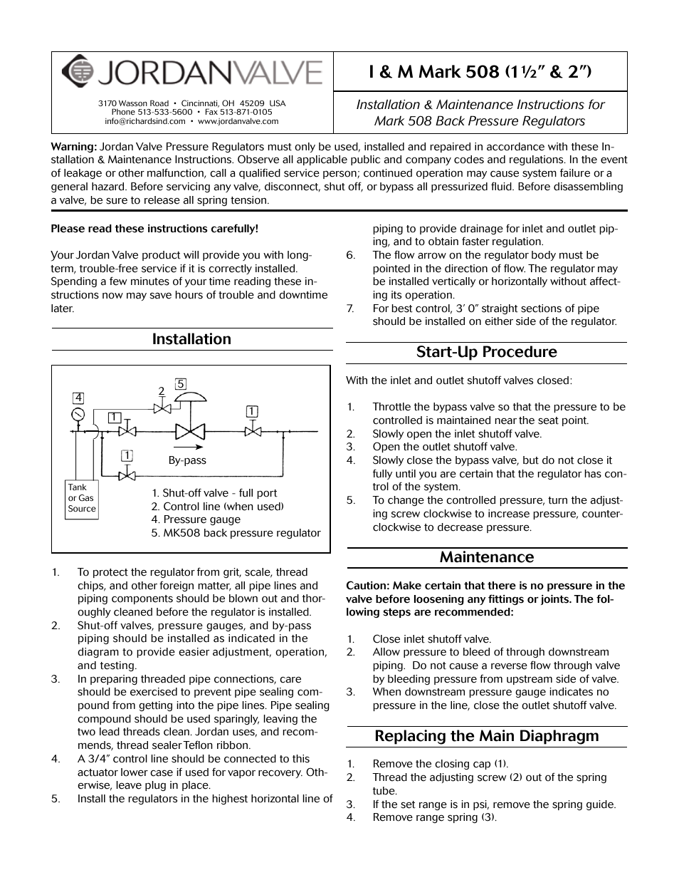 Jordan Valve Mark 508 Series – Tank Blanketing Valve User Manual | 17 pages