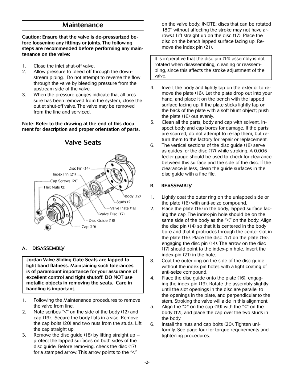 Maintenance, Valve seats | Jordan Valve Mark 60 Series - Sliding Gate Pressure Regulator User Manual | Page 2 / 5