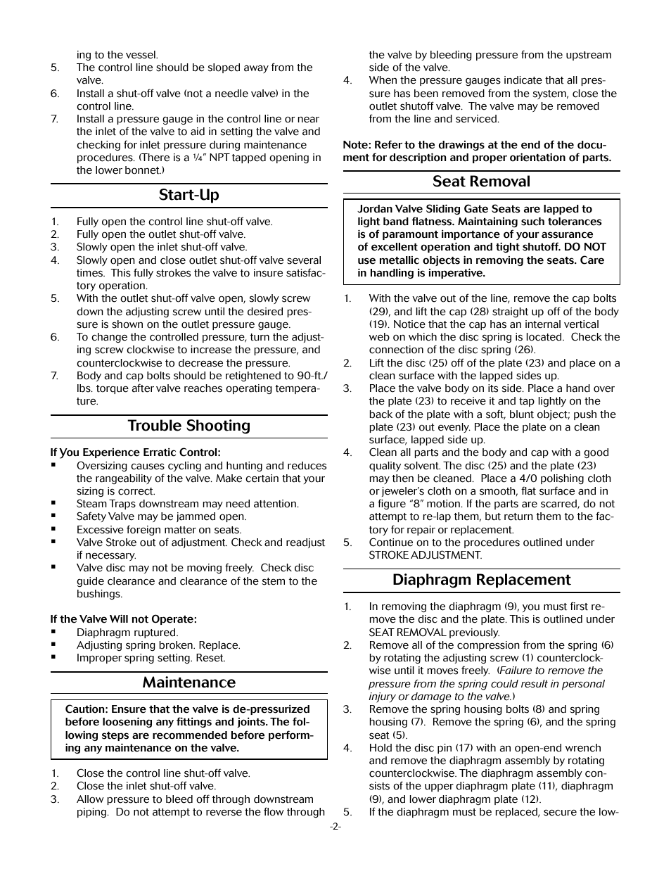 Seat removal, Diaphragm replacement, Start-up | Trouble shooting, Maintenance | Jordan Valve Mark 60 Series - Sliding Gate Pressure Regulator User Manual | Page 2 / 4