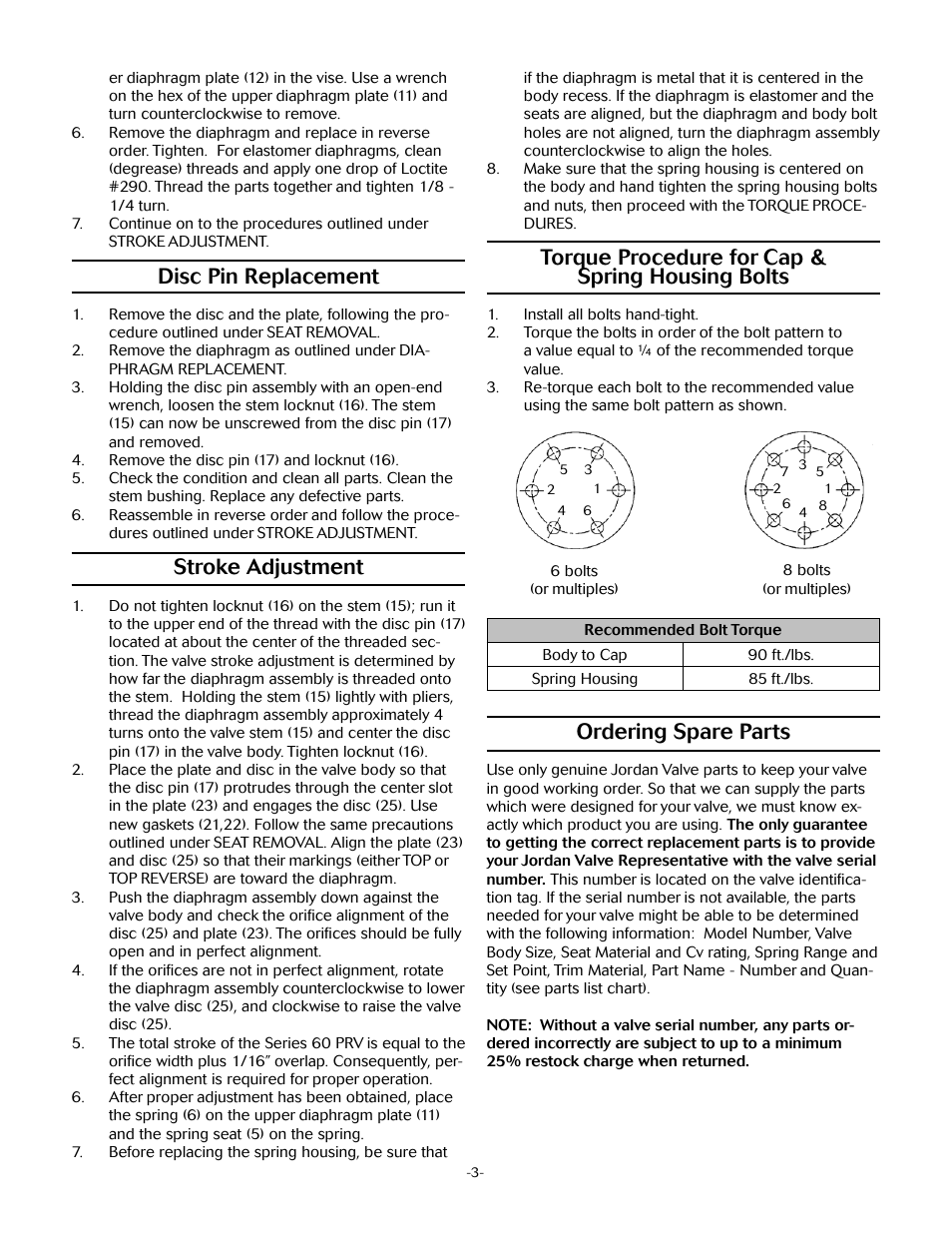 Disc pin replacement, Stroke adjustment, Torque procedure for cap & spring housing bolts | Ordering spare parts | Jordan Valve Mark 60 Series - Sliding Gate Pressure Regulator User Manual | Page 3 / 4