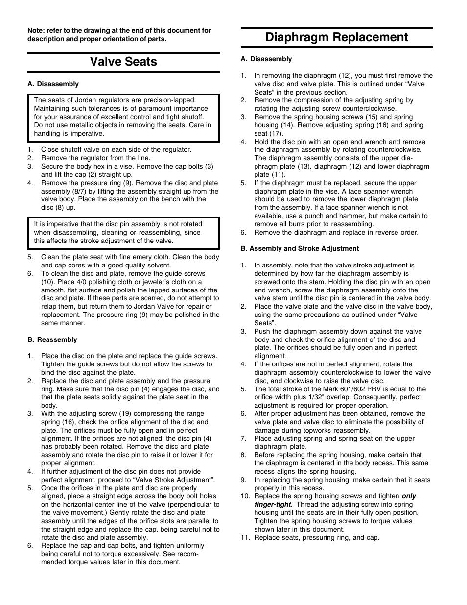 Valve seats, Diaphragm replacement | Jordan Valve Mark 60 Series - Sliding Gate Pressure Regulator User Manual | Page 2 / 4