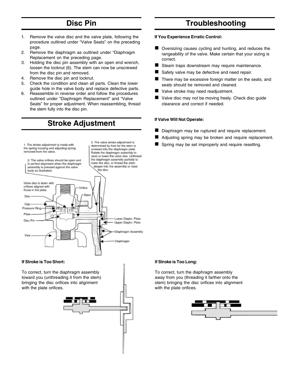 Disc pin, Stroke adjustment troubleshooting | Jordan Valve Mark 60 Series - Sliding Gate Pressure Regulator User Manual | Page 3 / 4