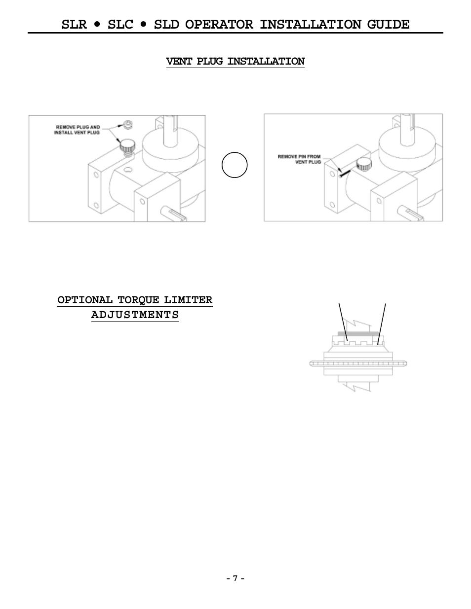 Slr • slc • sld operator installation guide, Vent plug installation, Optional torque limiter adjustments | OSCO MG0-20 User Manual | Page 7 / 40