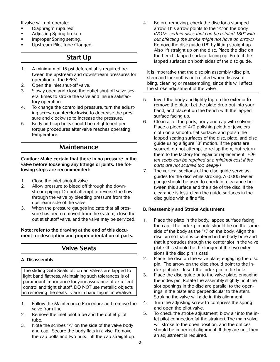 Start up, Maintenance, Valve seats | Jordan Valve Mark 62 Series - Internally Piloted Regulator User Manual | Page 2 / 5