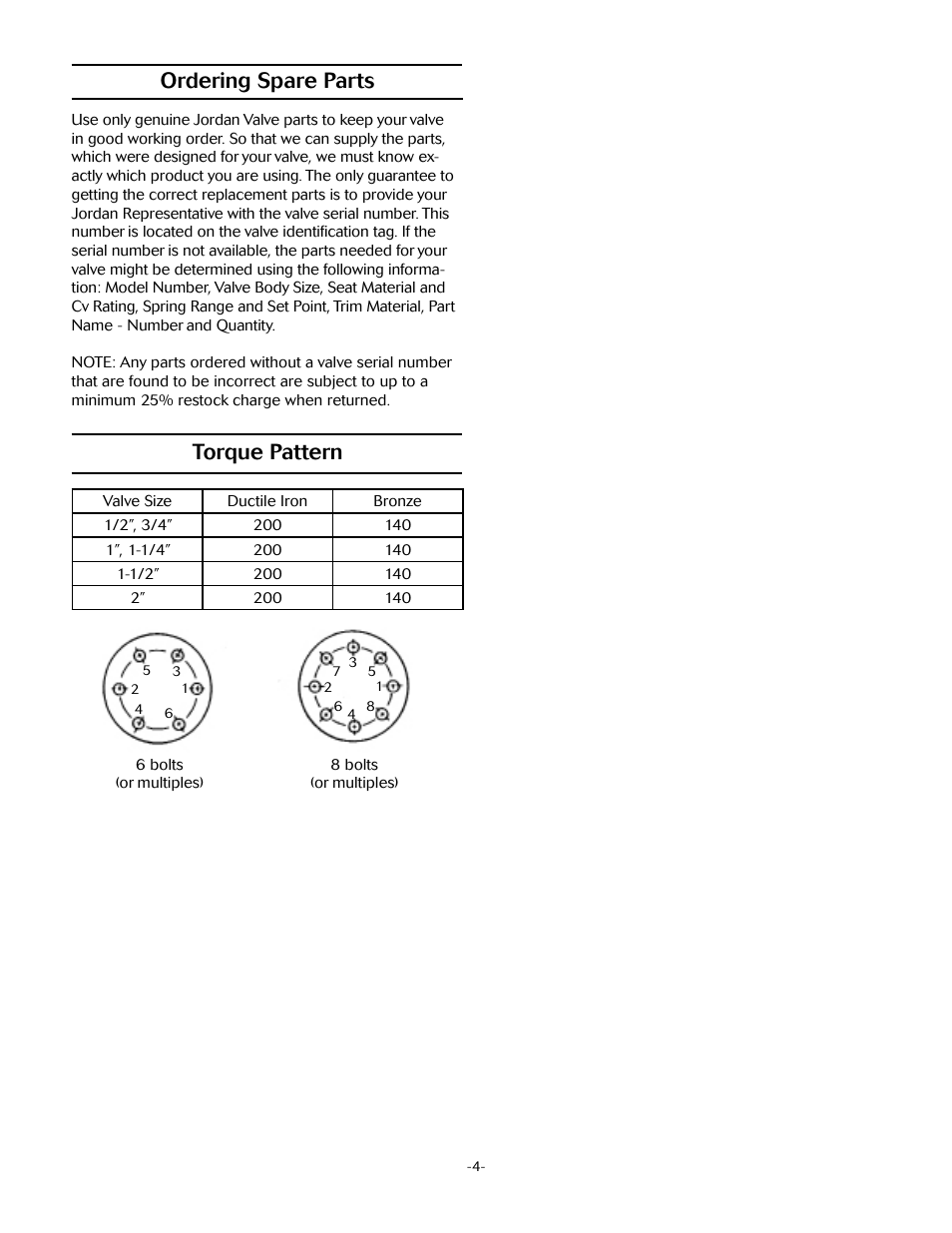 Ordering spare parts, Torque pattern | Jordan Valve Mark 62 Series - Internally Piloted Regulator User Manual | Page 4 / 5