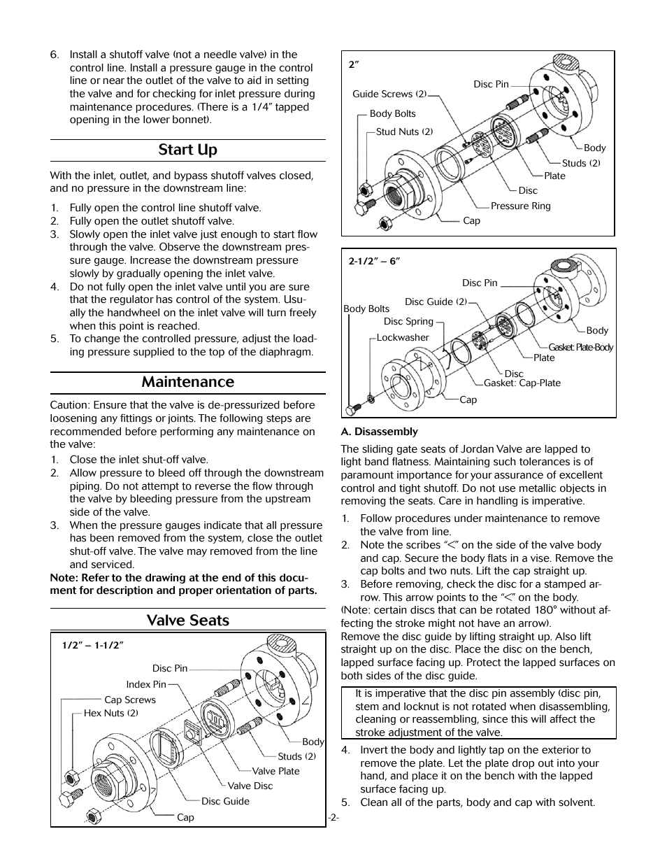Start up, Maintenance, Valve seats | Jordan Valve Mark 66 Series – Air Loaded Pressure Regulator User Manual | Page 2 / 5