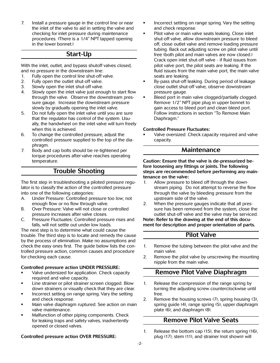 Maintenance, Pilot valve, Remove pilot valve diaphragm | Remove pilot valve seats, Start-up, Trouble shooting | Jordan Valve Mark 67 Series – Piloted Sliding Gate Regulator User Manual | Page 2 / 5