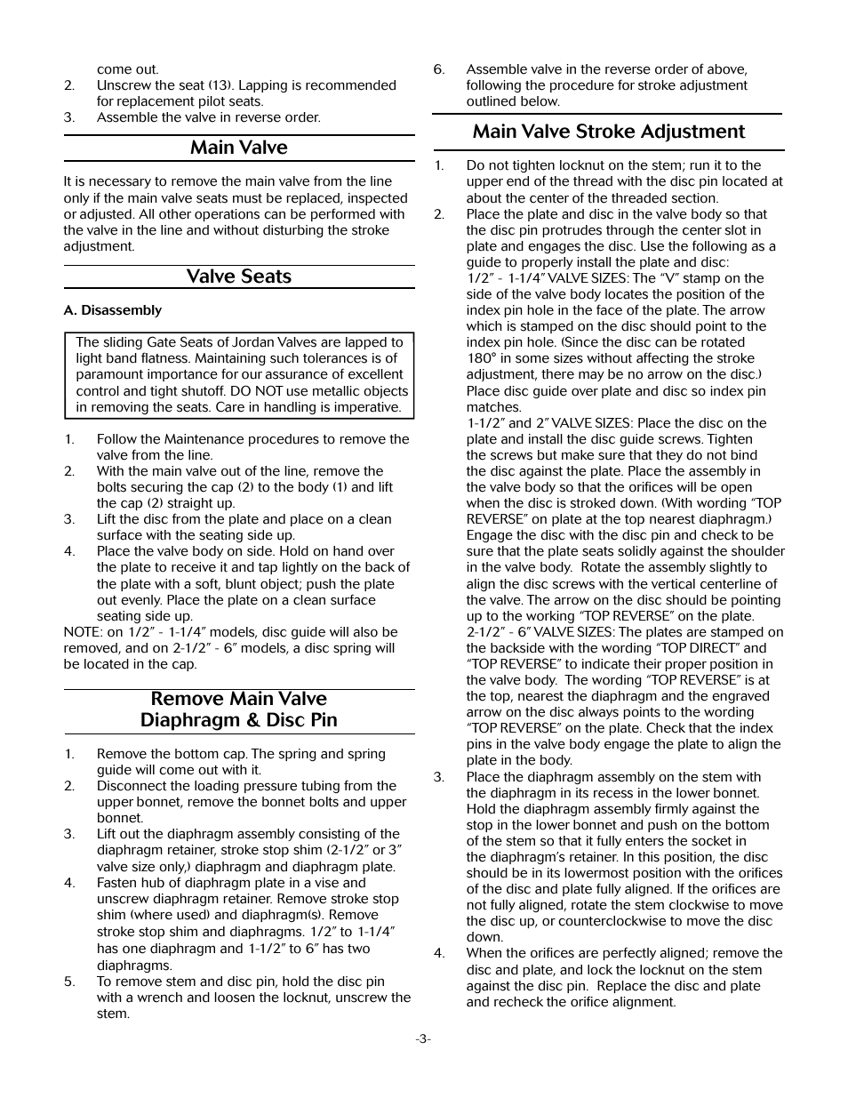 Main valve, Valve seats, Remove main valve diaphragm & disc pin | Main valve stroke adjustment | Jordan Valve Mark 67 Series – Piloted Sliding Gate Regulator User Manual | Page 3 / 5