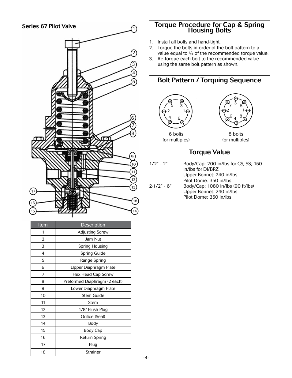 Torque procedure for cap & spring housing bolts, Bolt pattern / torquing sequence torque value, Series 67 pilot valve | Jordan Valve Mark 67 Series – Piloted Sliding Gate Regulator User Manual | Page 4 / 5