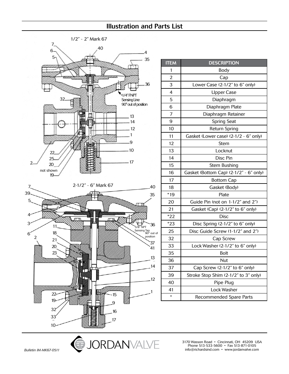 Illustration and parts list | Jordan Valve Mark 67 Series – Piloted Sliding Gate Regulator User Manual | Page 5 / 5