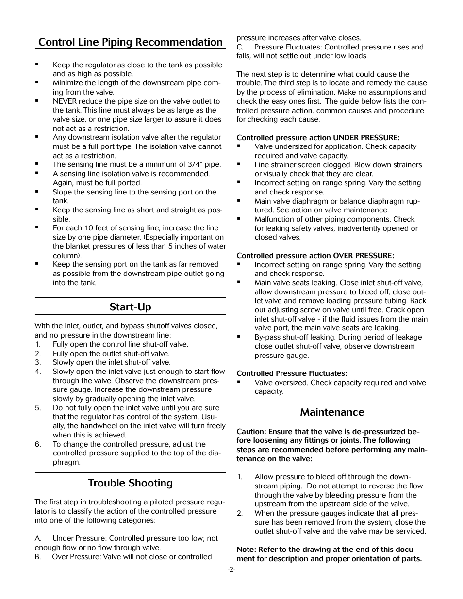 Maintenance, Control line piping recommendation, Start-up | Trouble shooting | Jordan Valve Mark 608 Series – Low-Pressure Gas/Tank Blanketing Regulator User Manual | Page 2 / 4