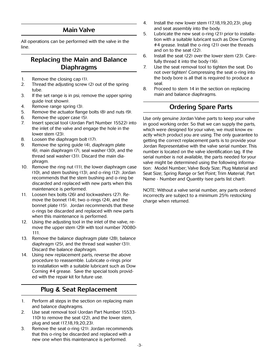 Main valve, Replacing the main and balance diaphragms, Plug & seat replacement | Ordering spare parts | Jordan Valve Mark 608 Series – Low-Pressure Gas/Tank Blanketing Regulator User Manual | Page 3 / 4