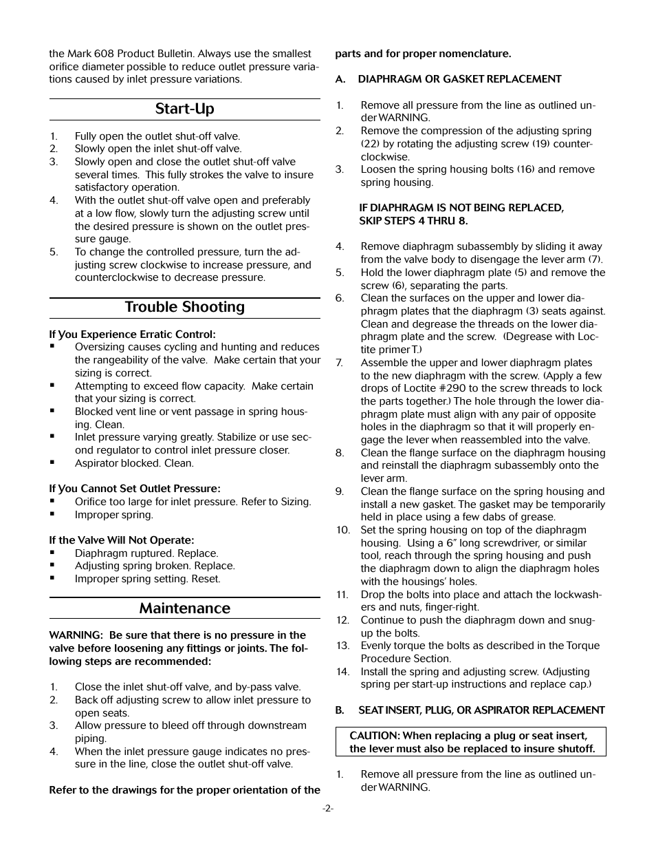 Start-up, Trouble shooting, Maintenance | Jordan Valve Mark 608BP - Balanced Plug Regulator User Manual | Page 2 / 5