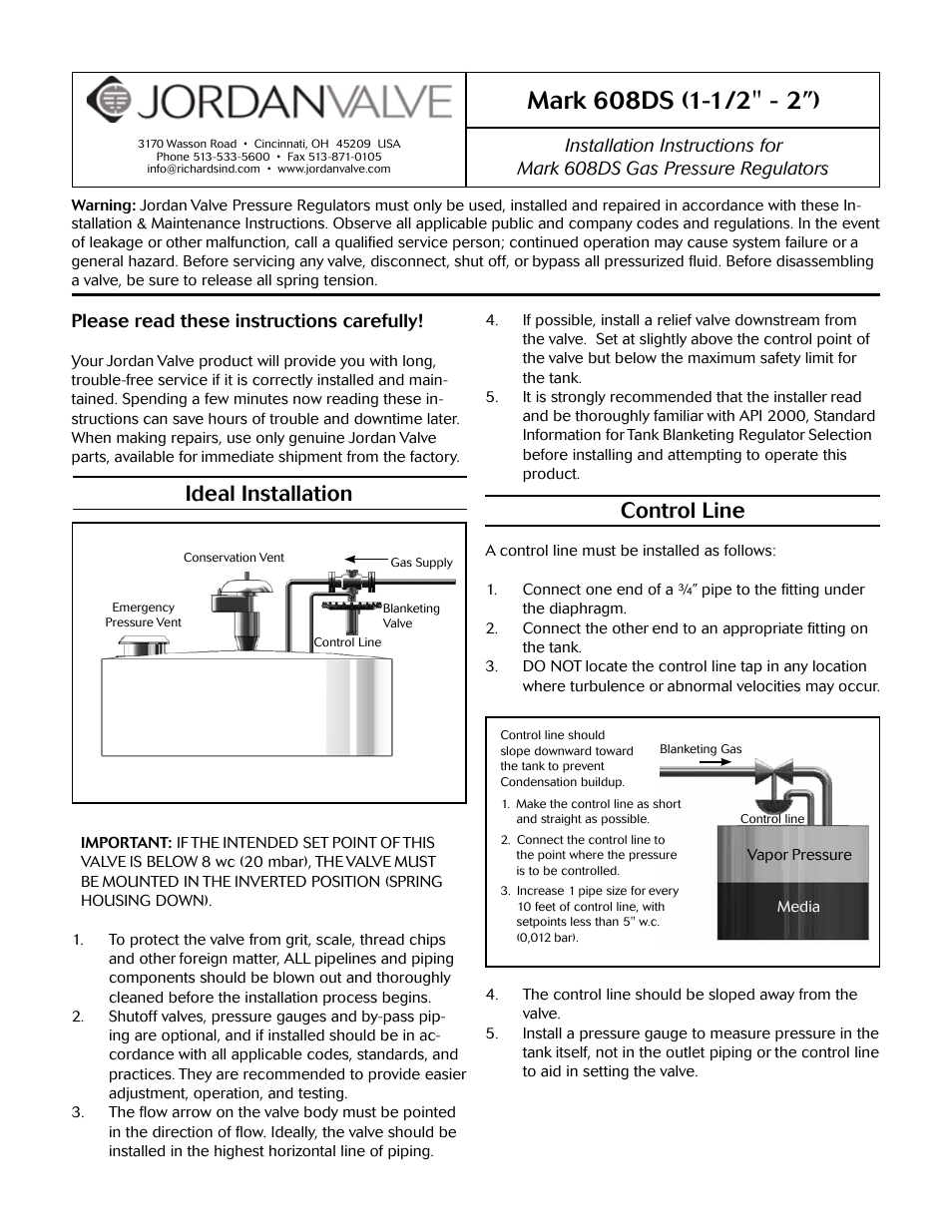 Jordan Valve Mark 608DS – Double Seated High Capacity Tank Blanketing Regulator User Manual | 2 pages