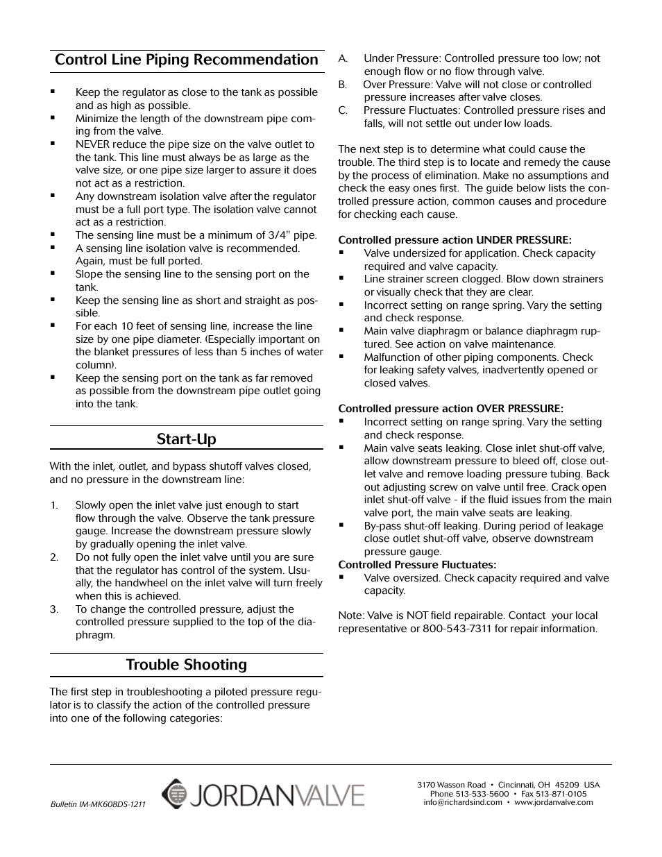 Control line piping recommendation, Start-up, Trouble shooting | Jordan Valve Mark 608DS – Double Seated High Capacity Tank Blanketing Regulator User Manual | Page 2 / 2