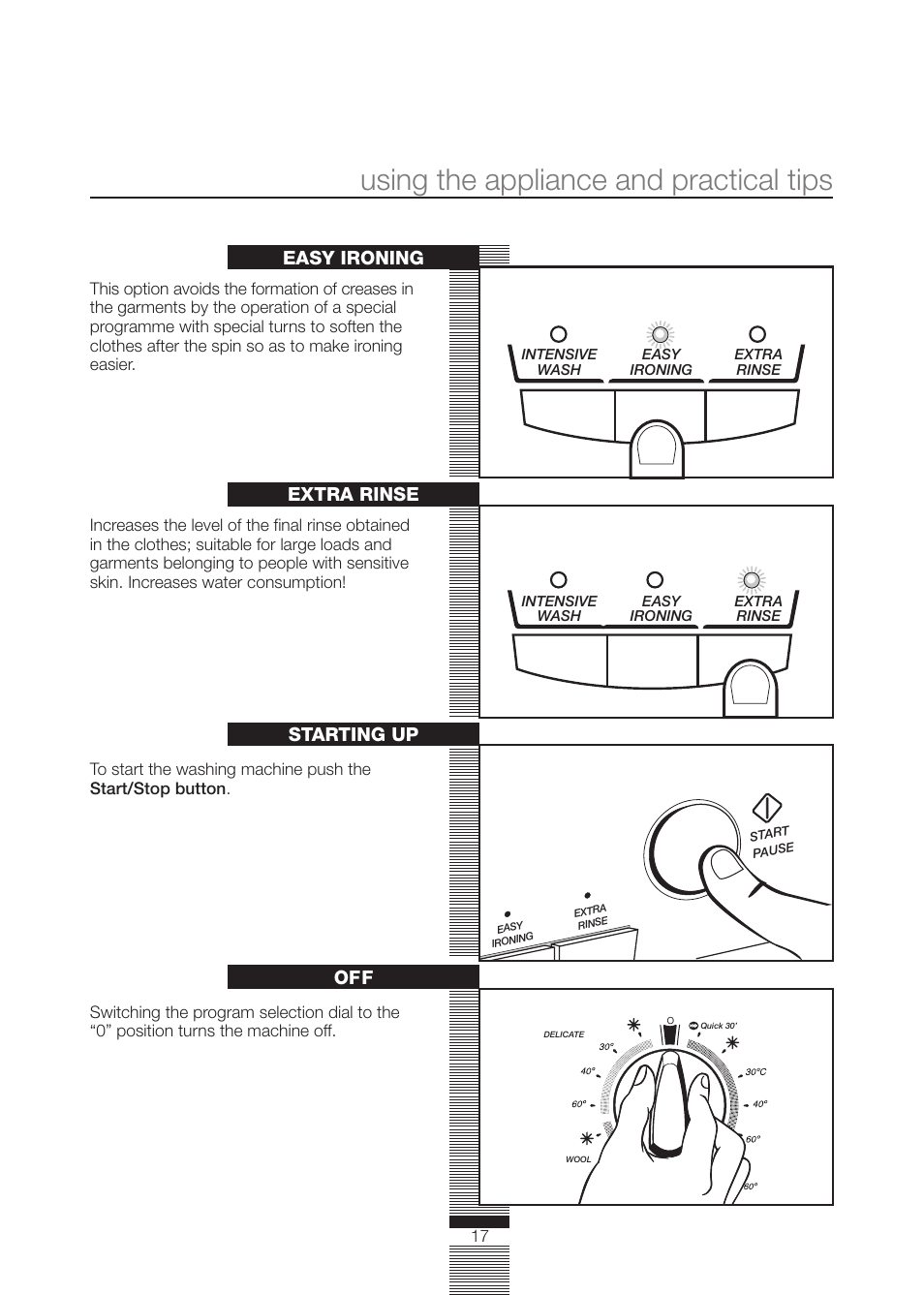 Using the appliance and practical tips, Extra rinse, Easy ironing | Starting up | CDA CI230 User Manual | Page 17 / 28