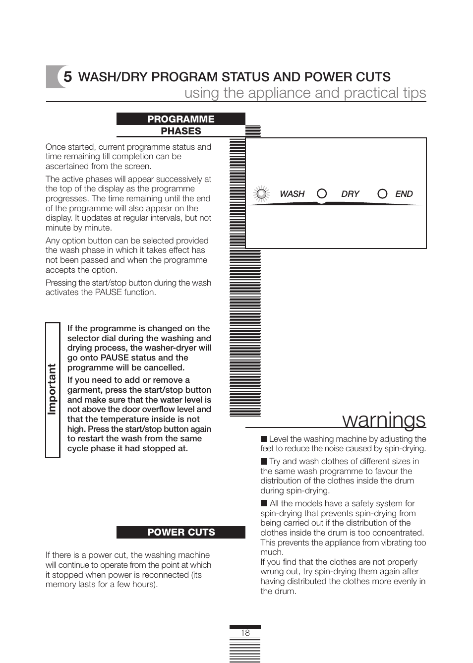Warnings, Using the appliance and practical tips, Wash/dry program status and power cuts | CDA CI230 User Manual | Page 18 / 28
