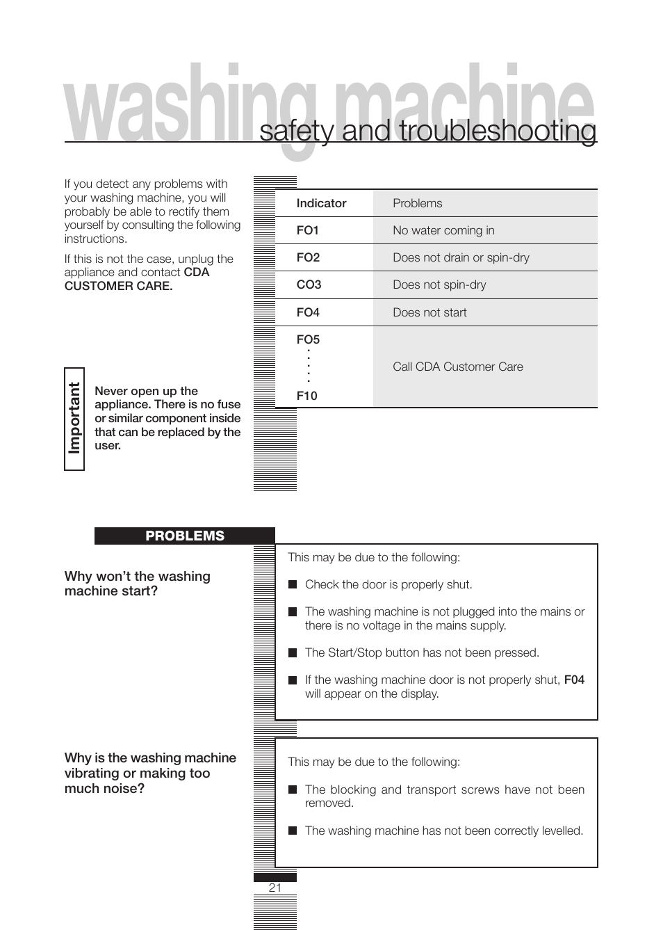 Washing machine, Safety and troubleshooting | CDA CI230 User Manual | Page 21 / 28