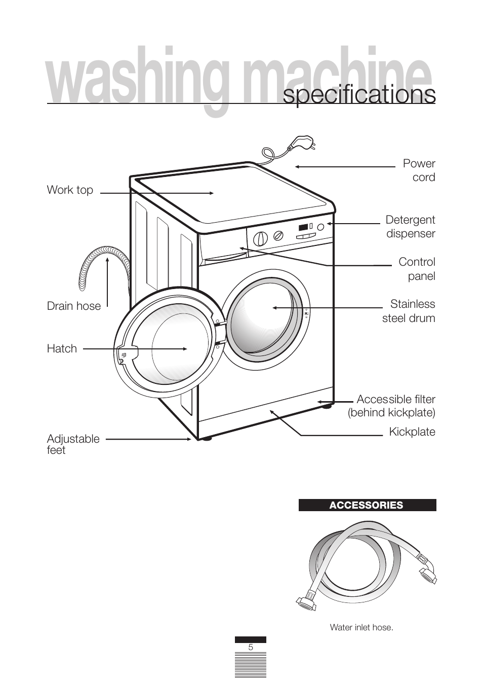 Washing machine, Specifications | CDA CI230 User Manual | Page 5 / 28