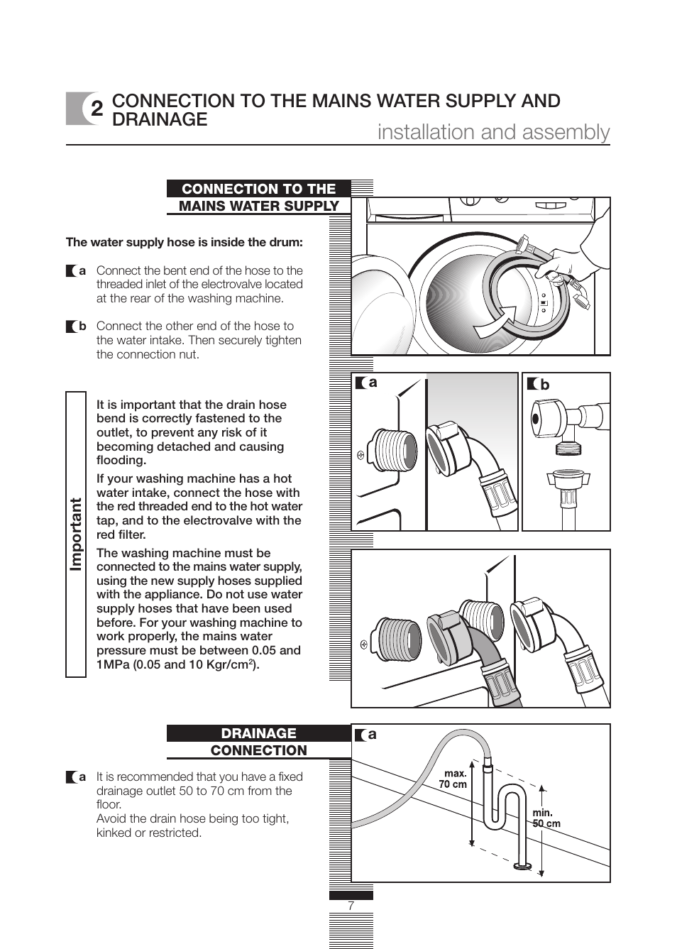 Installation and assembly, Connection to the mains water supply and drainage | CDA CI230 User Manual | Page 7 / 28