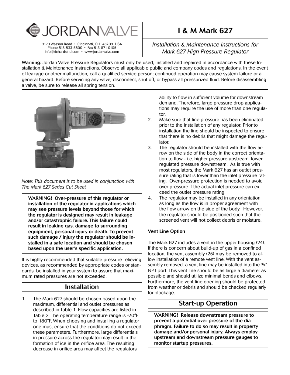 Jordan Valve Mark 627 Series - Gas Service Regulator User Manual | 4 pages