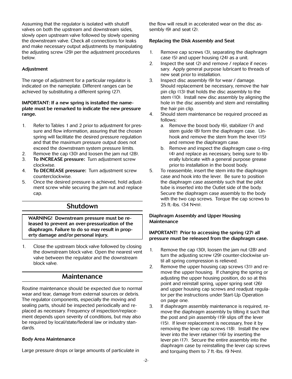 Shutdown, Maintenance | Jordan Valve Mark 627 Series - Gas Service Regulator User Manual | Page 2 / 4