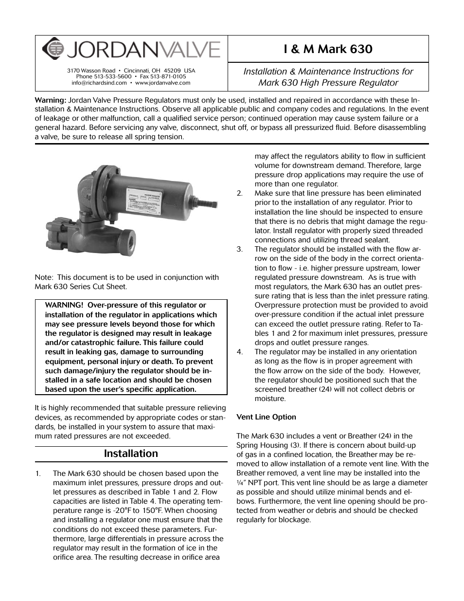 Jordan Valve Mark 630 Series - Gas Service/High Pressure Regulator User Manual | 5 pages