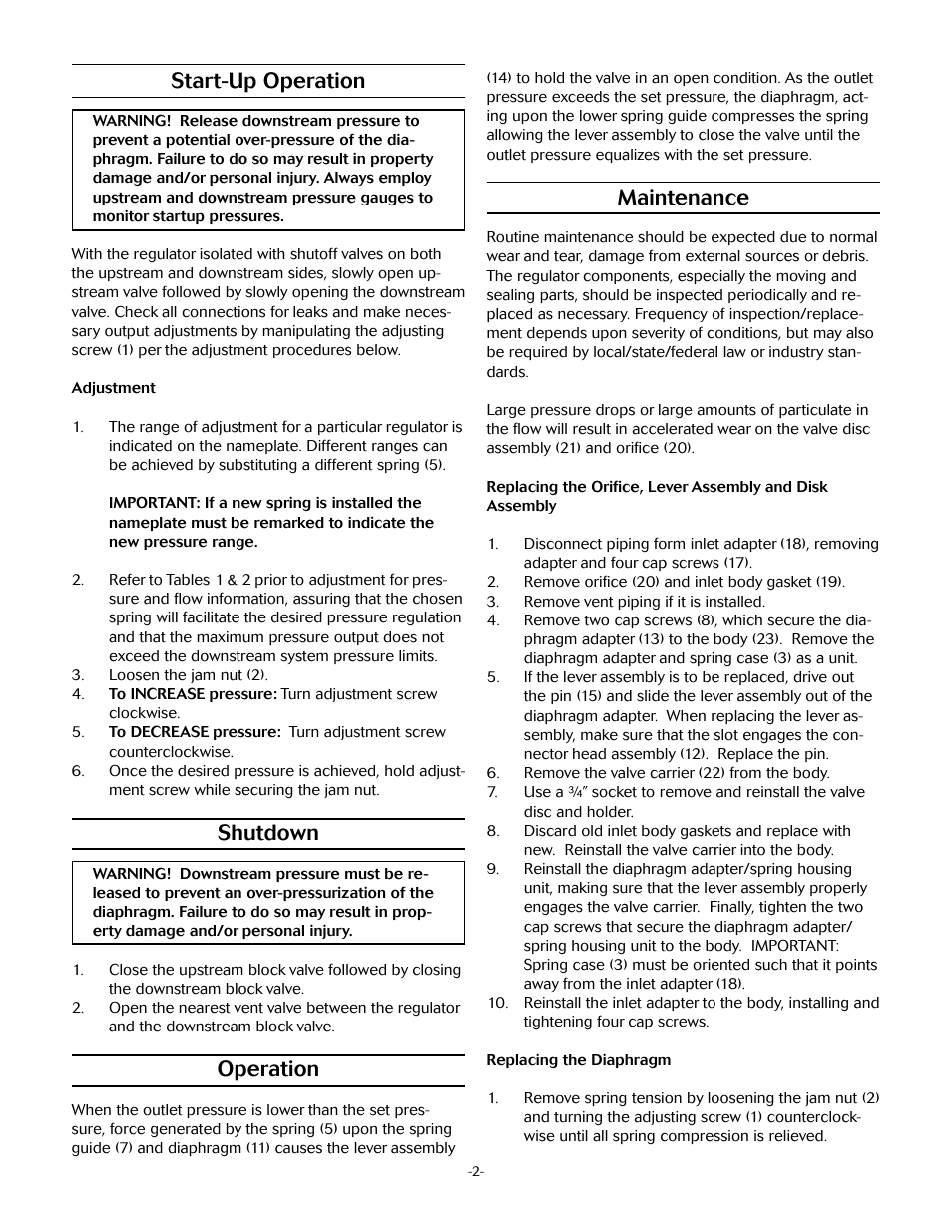 Maintenance, Start-up operation, Shutdown | Operation | Jordan Valve Mark 630 Series - Gas Service/High Pressure Regulator User Manual | Page 2 / 5