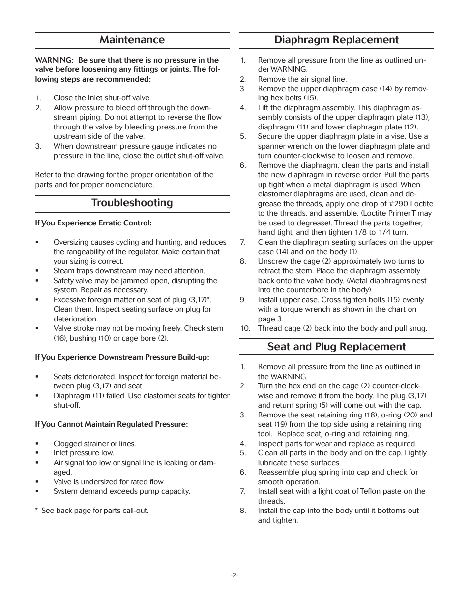 Diaphragm replacement, Seat and plug replacement, Maintenance | Troubleshooting | Jordan Valve Mark 686 Series – Air Loaded Globe Regulator User Manual | Page 2 / 4