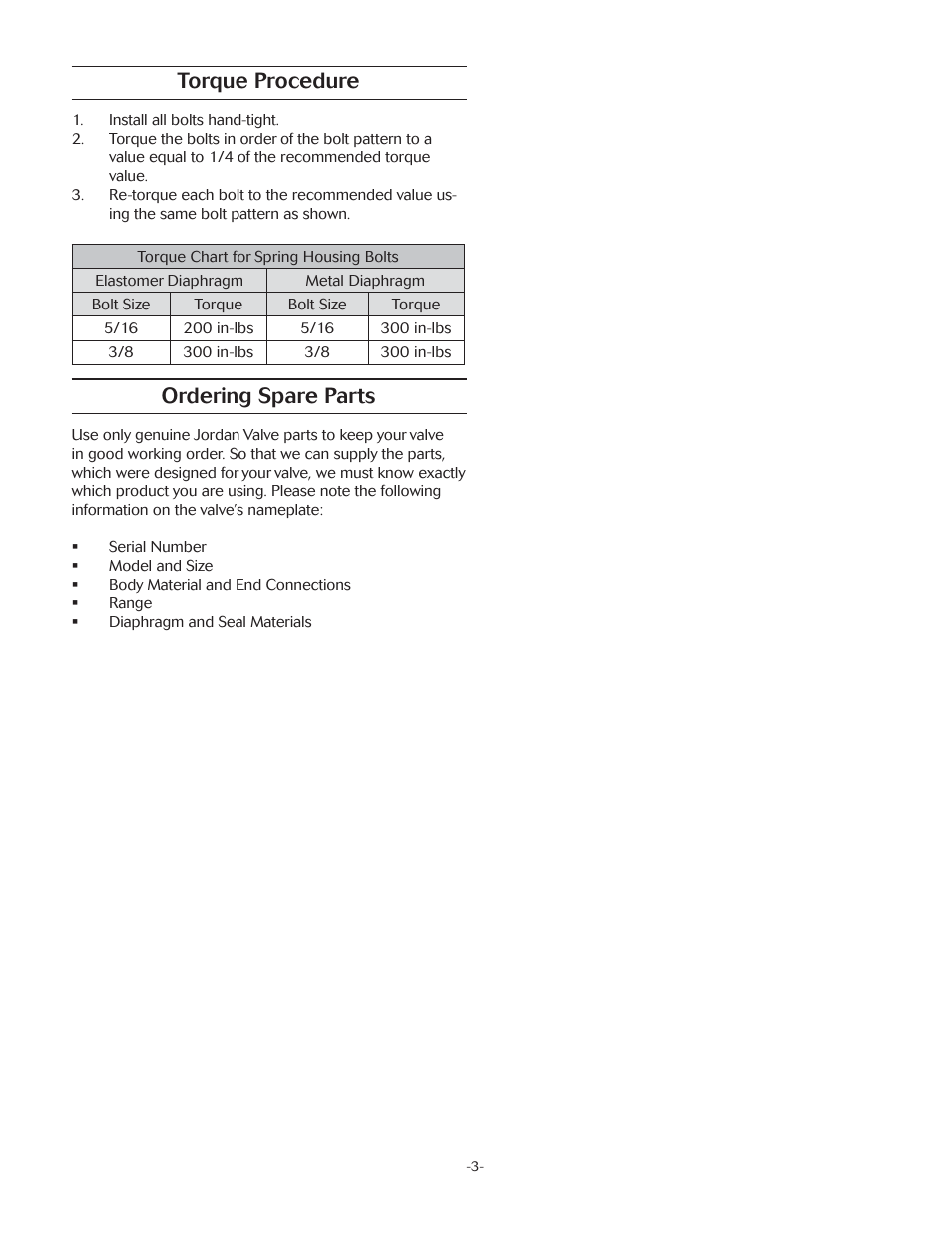 Torque procedure, Ordering spare parts | Jordan Valve Mark 686 Series – Air Loaded Globe Regulator User Manual | Page 3 / 4