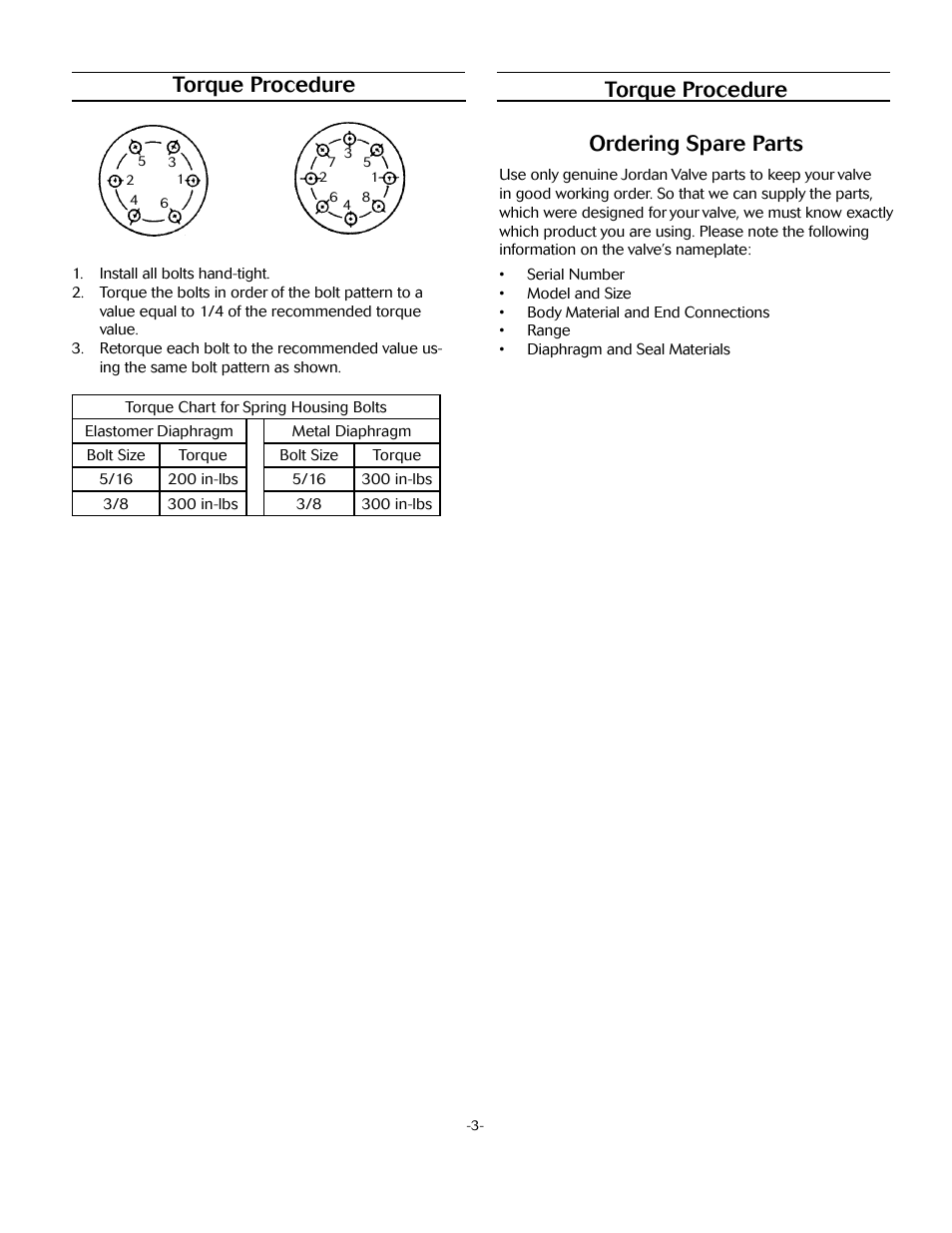 Torque procedure ordering spare parts, Torque procedure | Jordan Valve Mark 688 Series - Piloted Soft Seat Regulator User Manual | Page 10 / 11