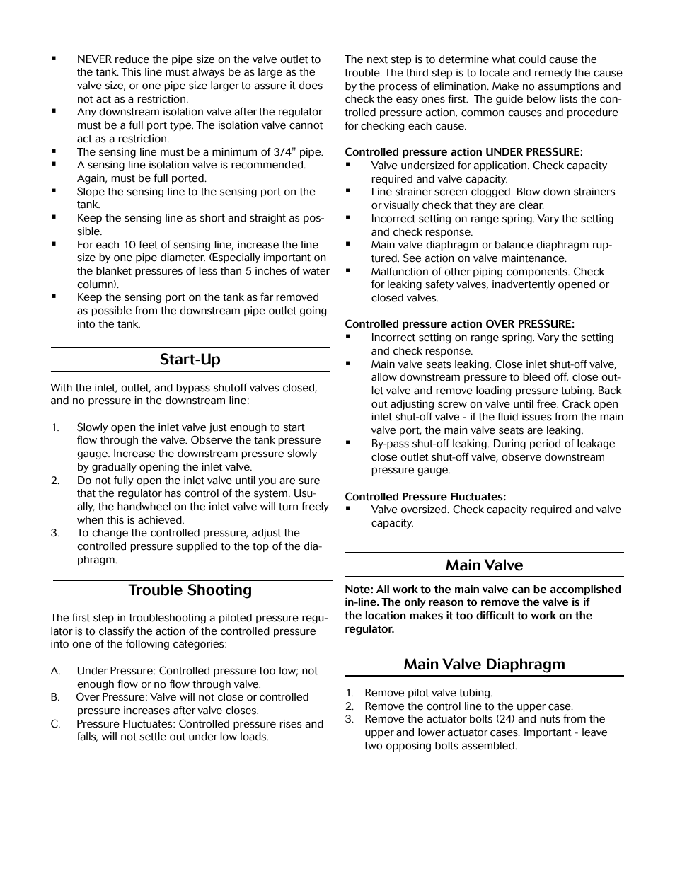 Main valve, Main valve diaphragm, Start-up | Trouble shooting | Jordan Valve Mark 688 Series - Piloted Soft Seat Regulator User Manual | Page 2 / 11