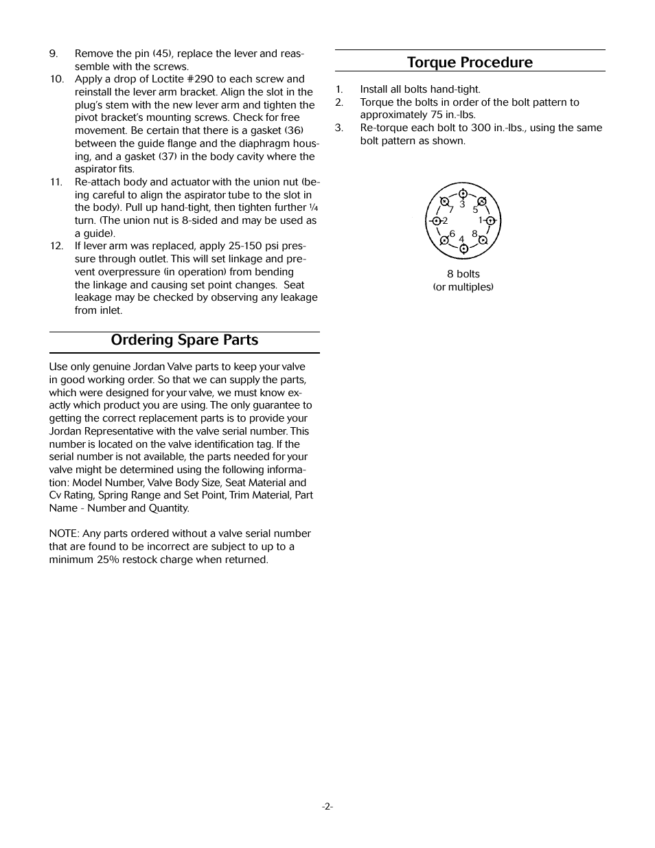 Torque procedure, Ordering spare parts | Jordan Valve Mark 688 Series - Piloted Soft Seat Regulator User Manual | Page 6 / 11