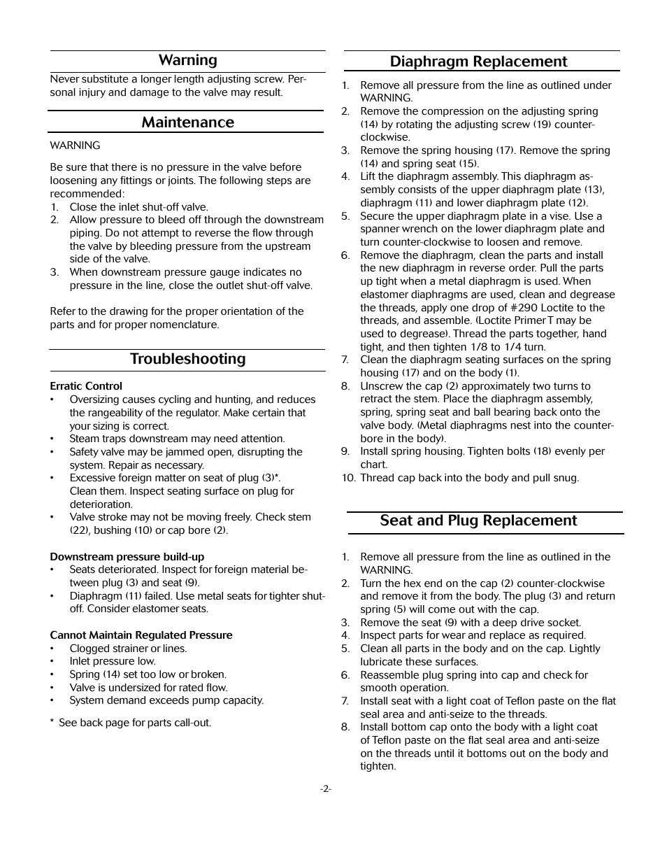 Diaphragm replacement, Seat and plug replacement, Warning | Maintenance, Troubleshooting | Jordan Valve Mark 688 Series - Piloted Soft Seat Regulator User Manual | Page 9 / 11