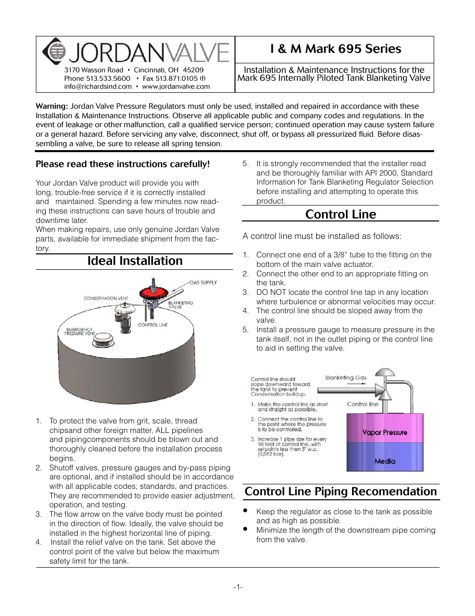 Jordan Valve Mark 695 Series - Piloted Tank Blanketing Regulator User Manual | 9 pages