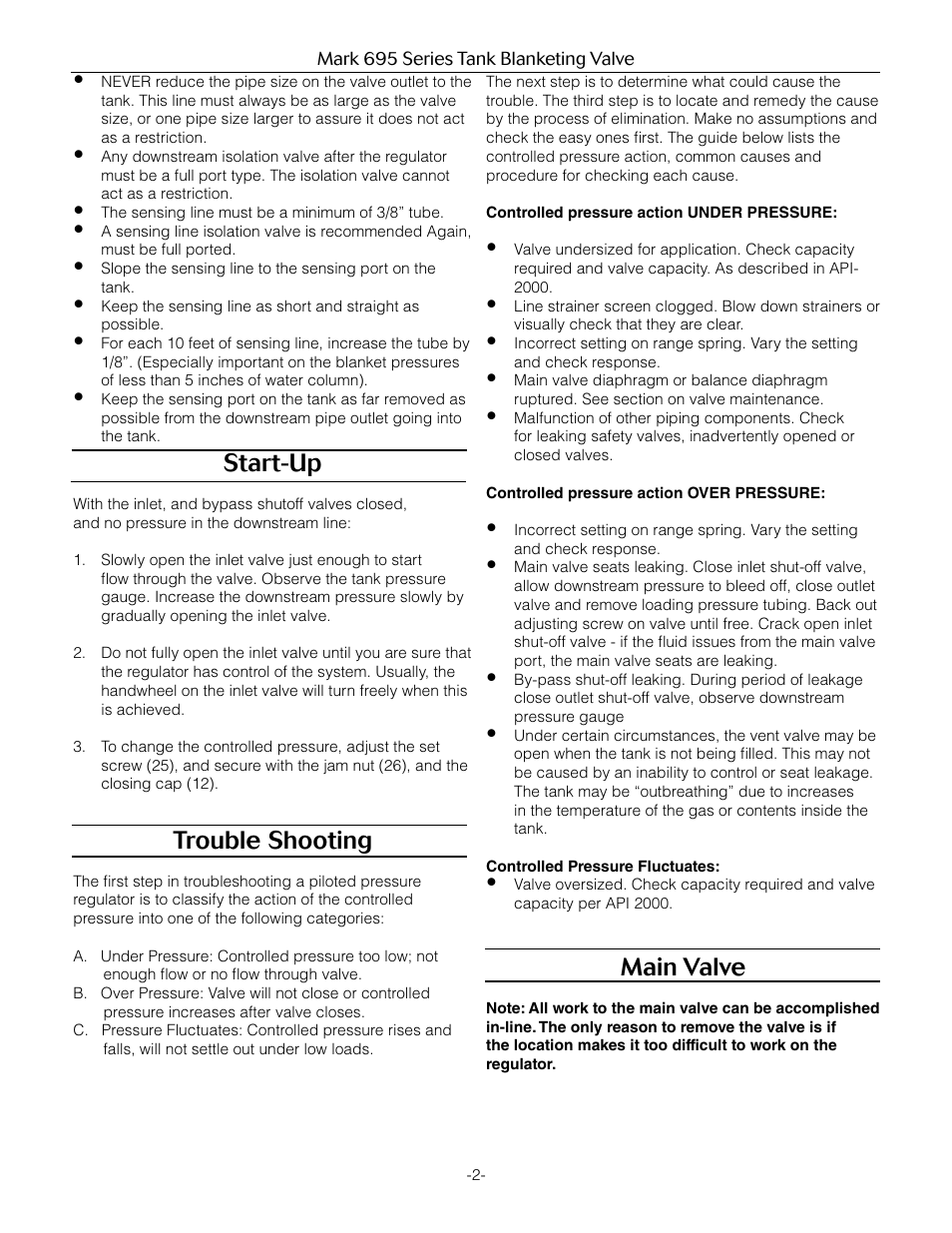 Start-up, Trouble shooting, Main valve | Jordan Valve Mark 695 Series - Piloted Tank Blanketing Regulator User Manual | Page 2 / 9