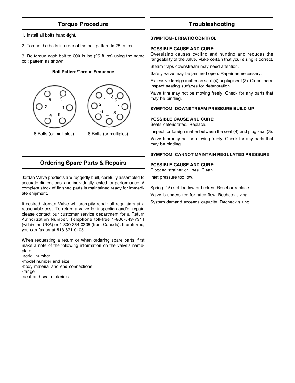 Torque procedure troubleshooting, Ordering spare parts & repairs | Jordan Valve Mark 68HP Series – High Pressure Regulator User Manual | Page 2 / 2