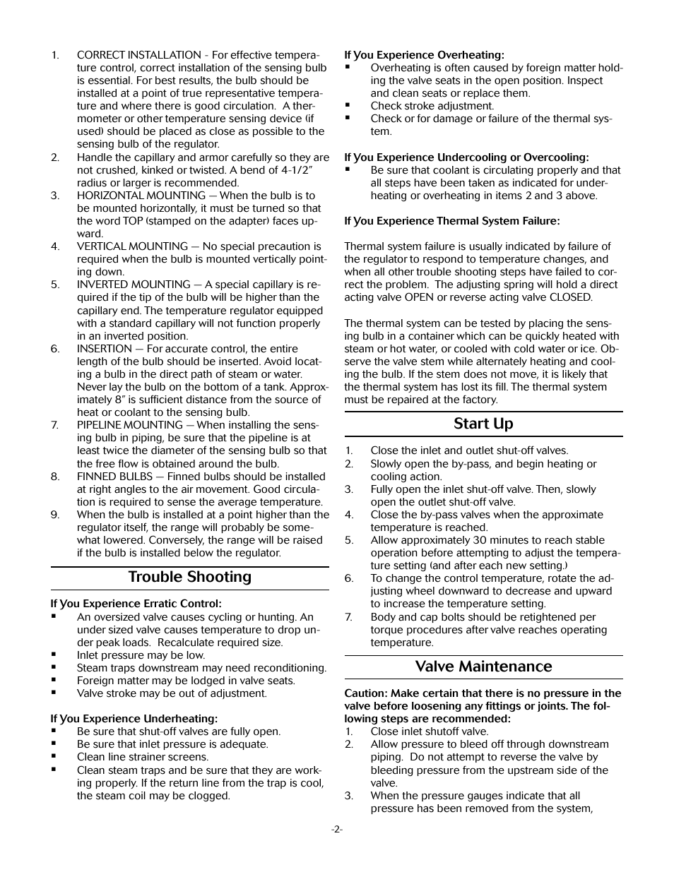 Start up, Valve maintenance, Trouble shooting | Jordan Valve Mark 80 Series – Self Operated Temperature Regulator User Manual | Page 2 / 7