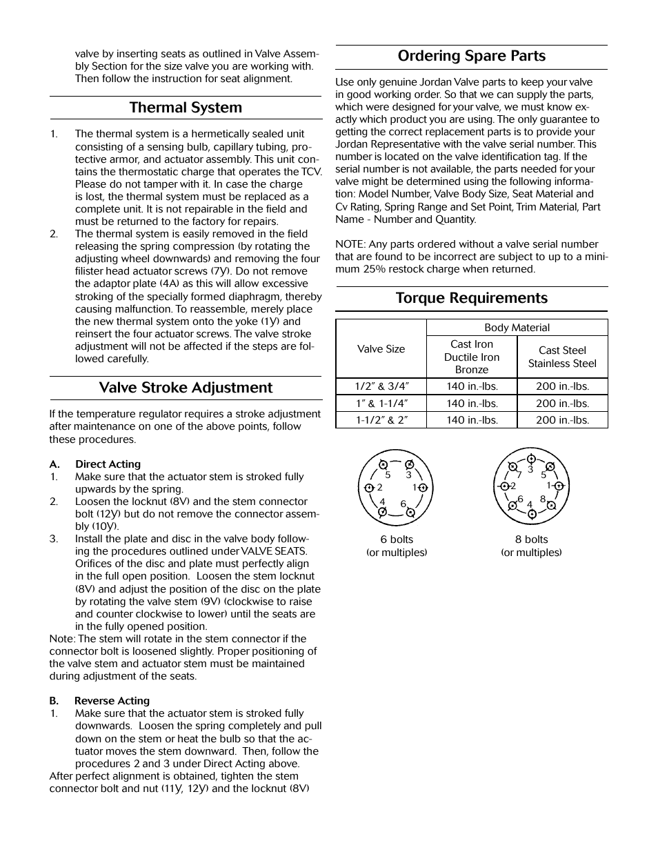 Thermal system, Valve stroke adjustment, Ordering spare parts | Torque requirements | Jordan Valve Mark 80 Series – Self Operated Temperature Regulator User Manual | Page 4 / 7