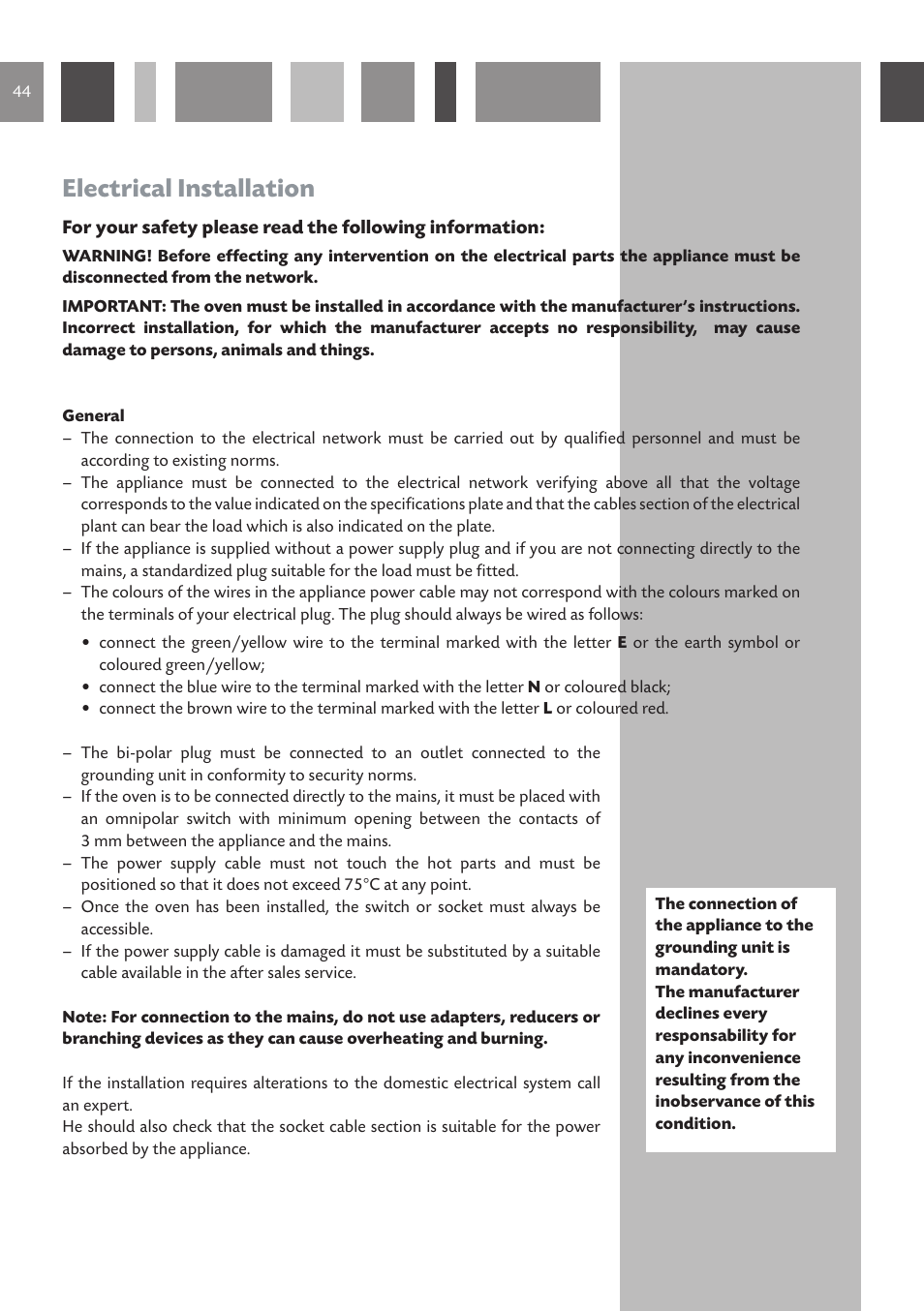 Electrical installation | CDA SC610 User Manual | Page 44 / 48