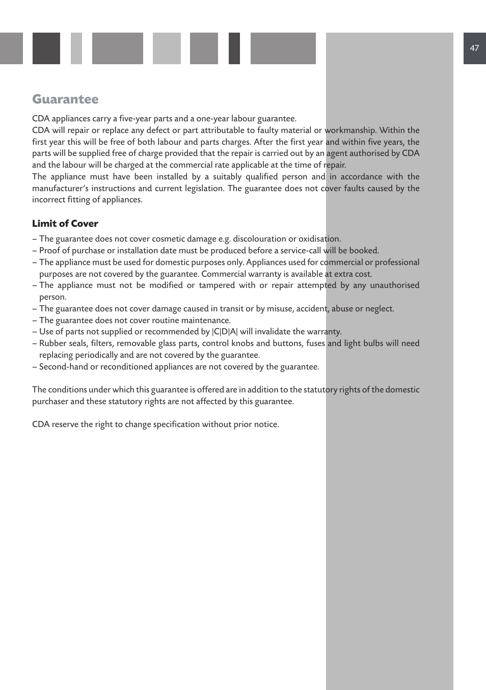 Guarantee | CDA SC610 User Manual | Page 47 / 48