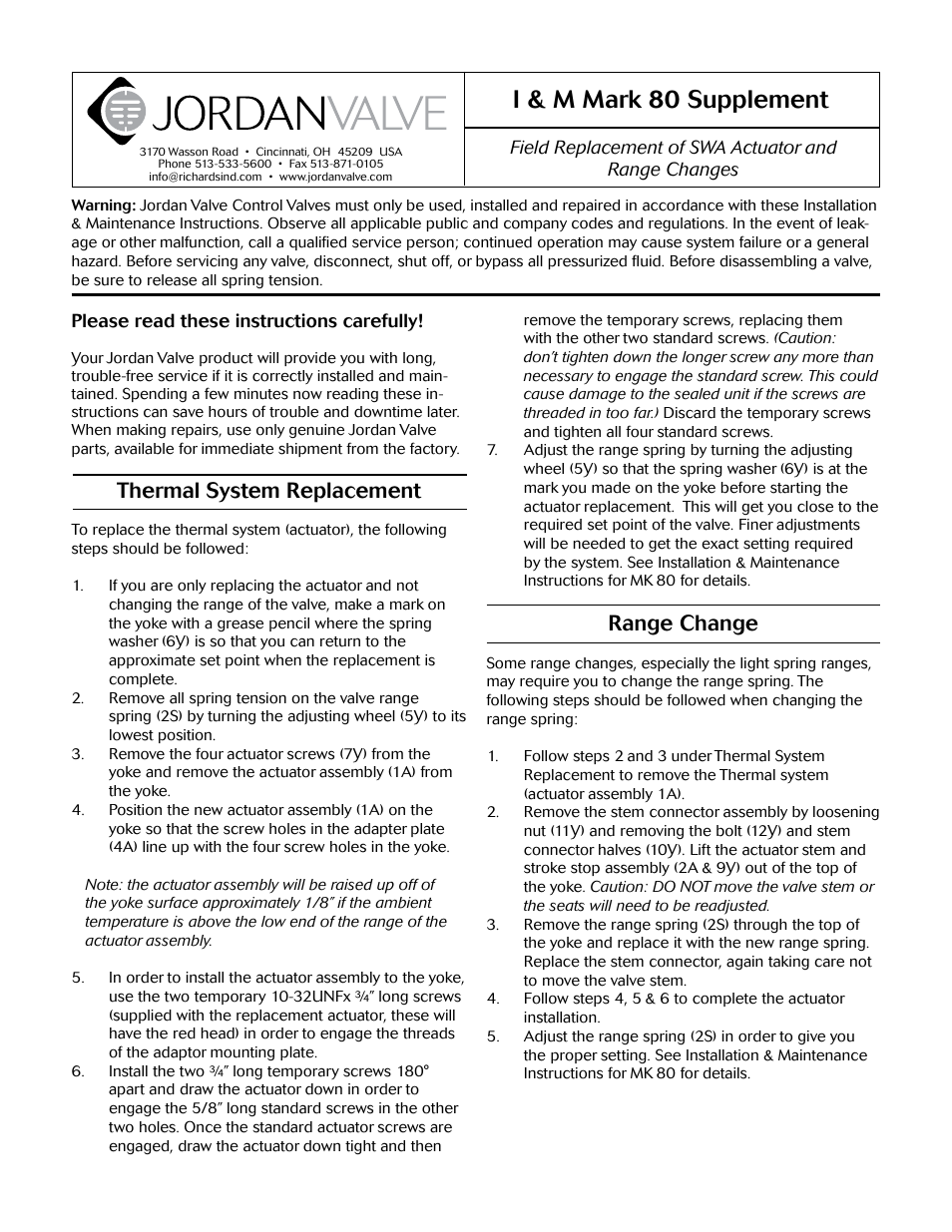 Jordan Valve Mark 80 Series – Self Operated Temperature Regulator User Manual | 2 pages