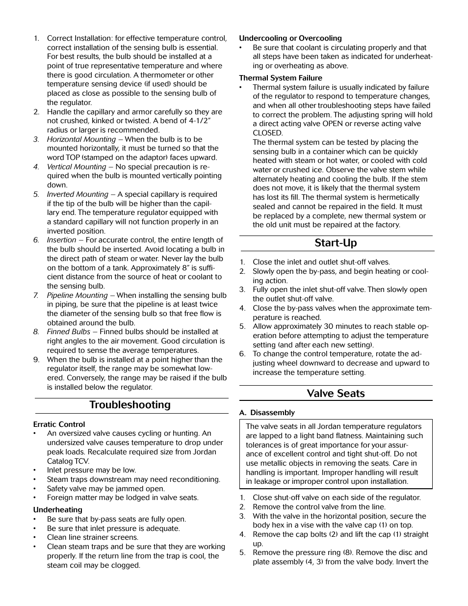 Troubleshooting, Start-up, Valve seats | Jordan Valve Mark 80 Series – Self Operated Temperature Regulator User Manual | Page 2 / 5