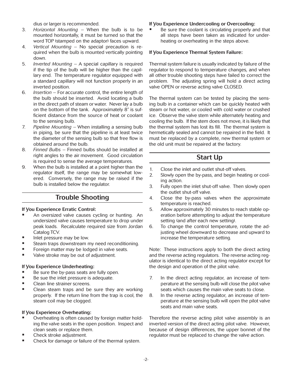 Start up, Trouble shooting | Jordan Valve Mark 82 Series – Internal Piloted Temperature Regulator User Manual | Page 2 / 5