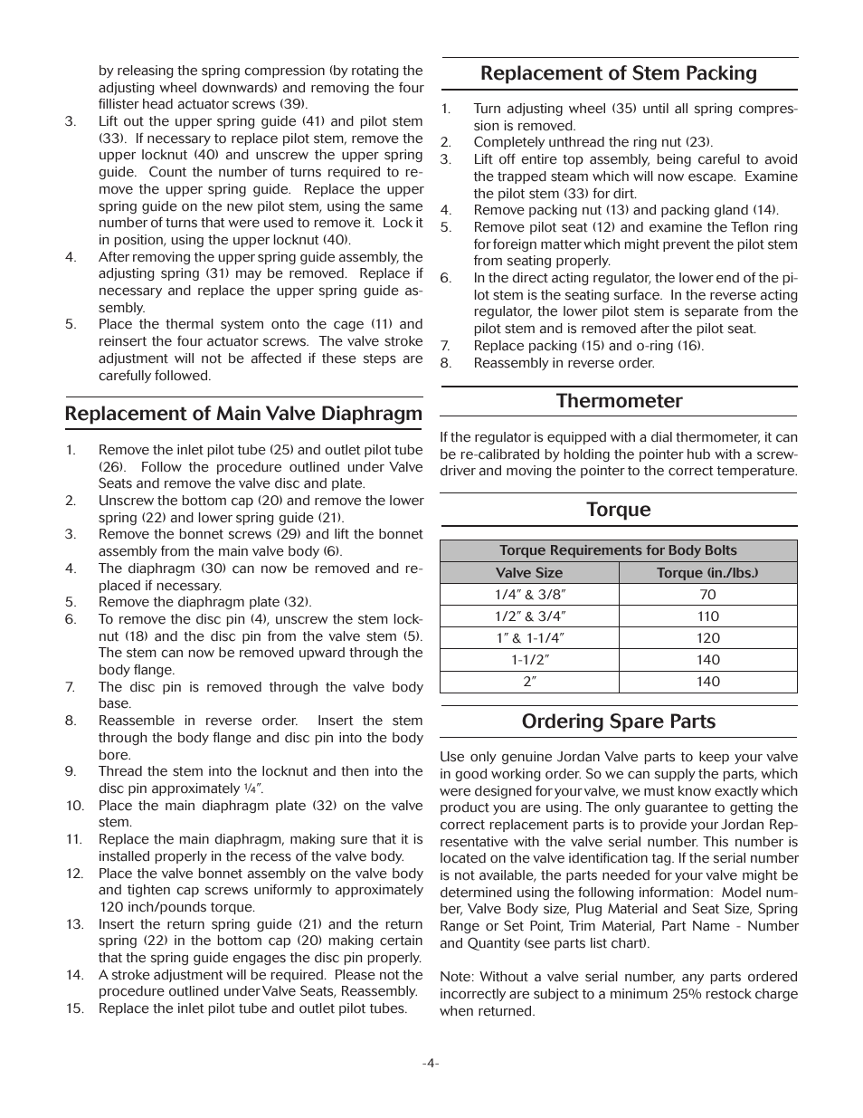 Replacement of main valve diaphragm, Replacement of stem packing, Thermometer | Torque, Ordering spare parts | Jordan Valve Mark 82 Series – Internal Piloted Temperature Regulator User Manual | Page 4 / 5