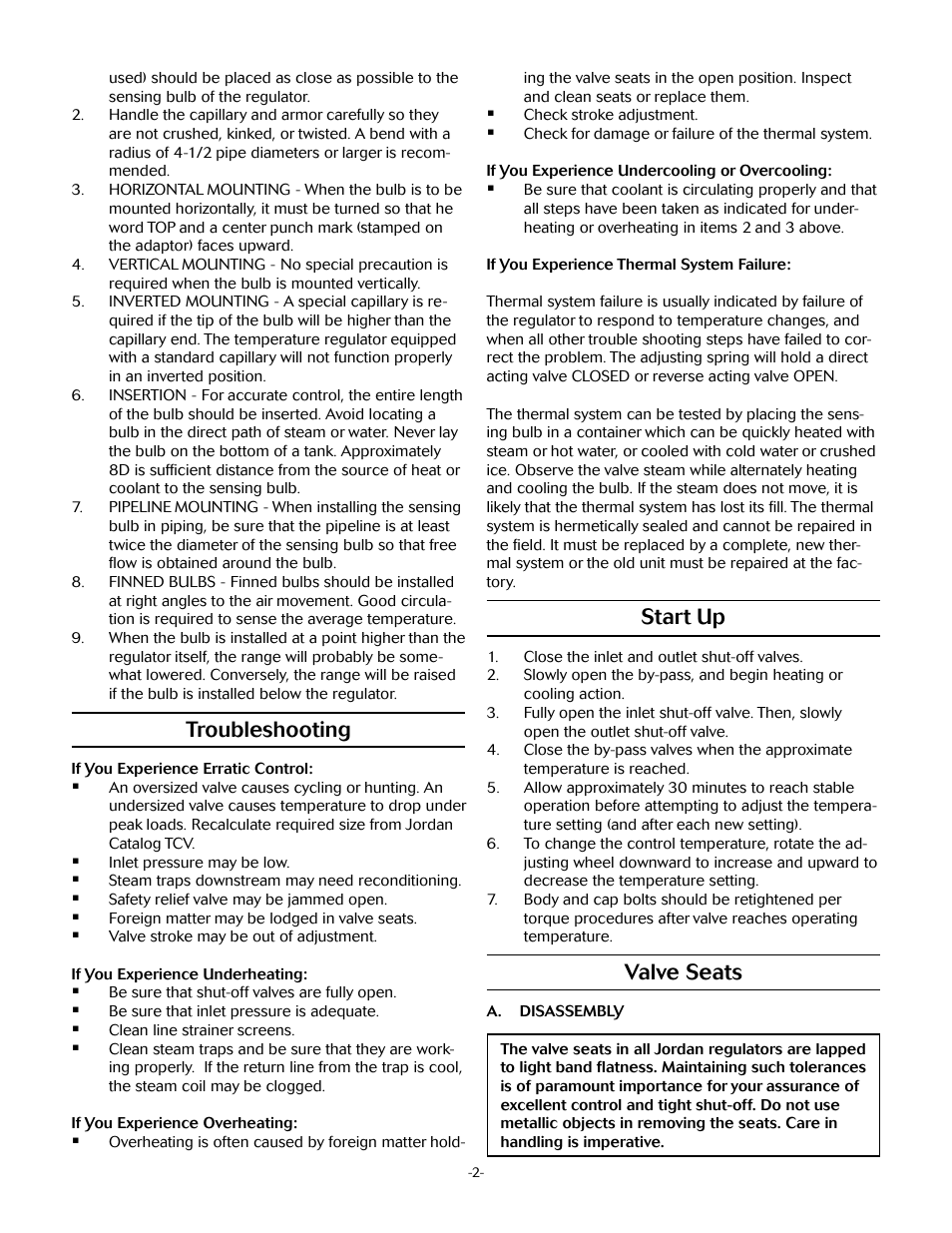 Start up, Valve seats, Troubleshooting | Jordan Valve Mark 85 Series - Controlled Failure Temperature Regulator User Manual | Page 2 / 5