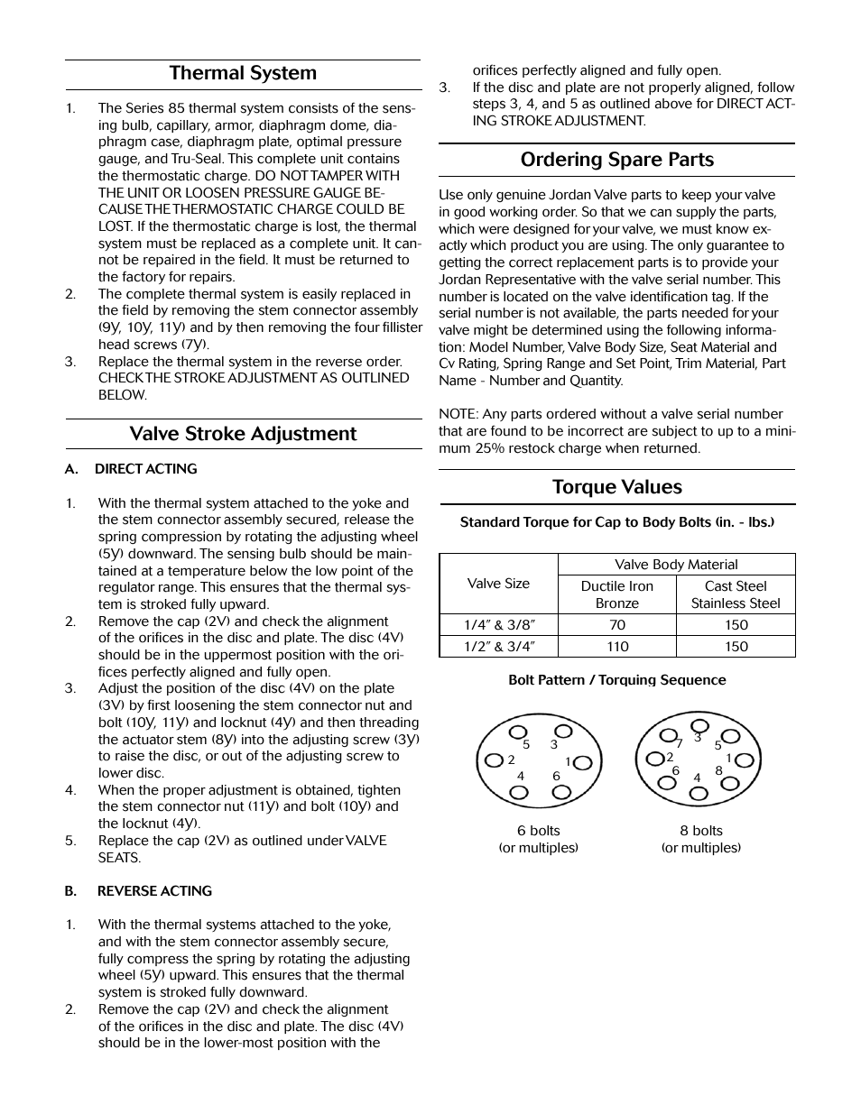 Thermal system, Valve stroke adjustment, Ordering spare parts | Torque values | Jordan Valve Mark 85 Series - Controlled Failure Temperature Regulator User Manual | Page 4 / 5