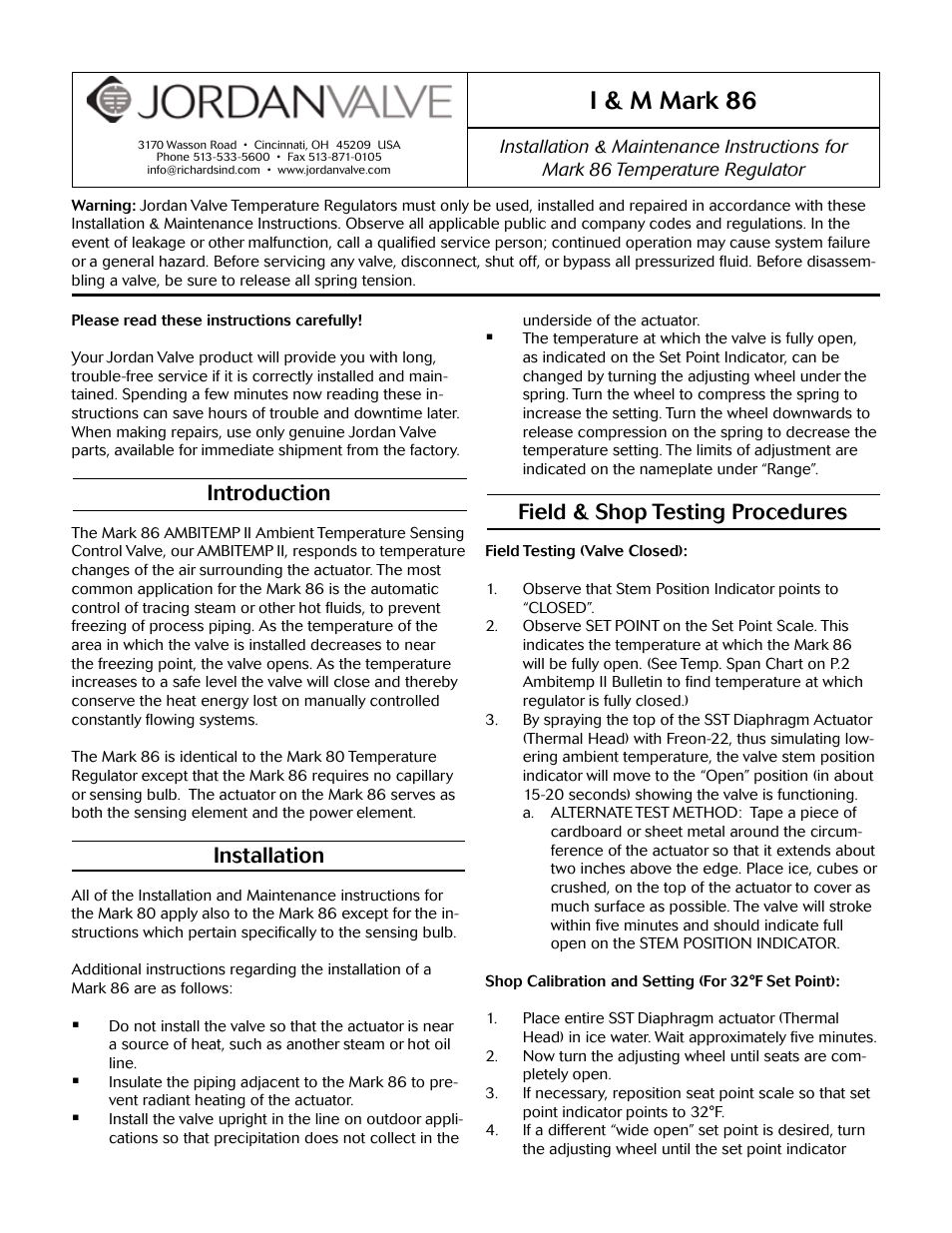 Jordan Valve Mark 86 Series - Ambient Temperature Regulator User Manual | 2 pages