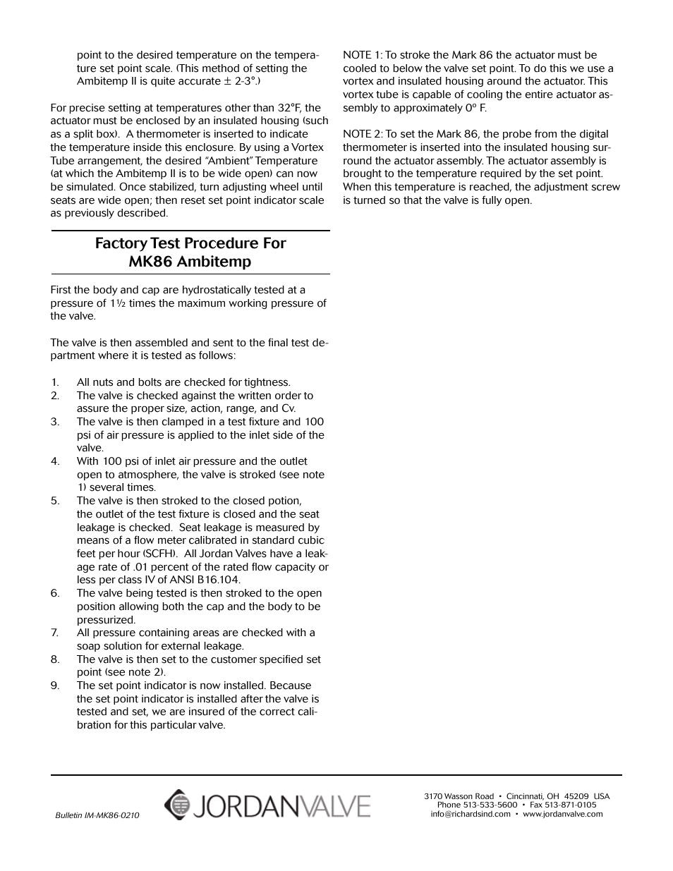Factory test procedure for mk86 ambitemp | Jordan Valve Mark 86 Series - Ambient Temperature Regulator User Manual | Page 2 / 2